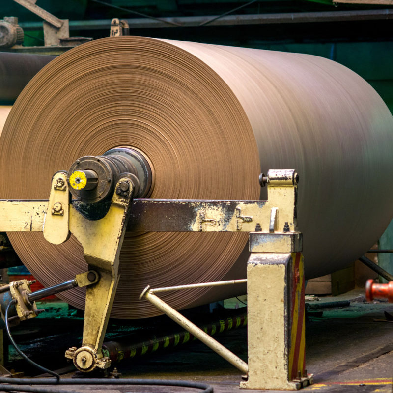 Výstup z papírenského stroje je role papíru o hmotnosti několika tun.